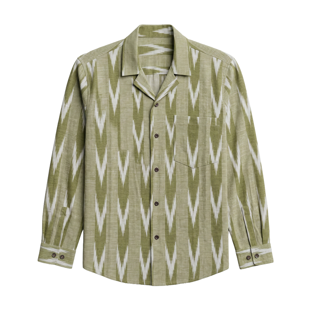 Kusha Ikat Full Sleeve Shirt - Handloom Olive Green Cuban Collar Front View | Rarree