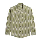 Kusha Ikat Full Sleeve Shirt - Handloom Olive Green Cuban Collar Front View | Rarree