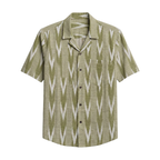 Kusha Ikat Half Sleeve Shirt - Handloom Olive Green Cuban Collar Front View | Rarree