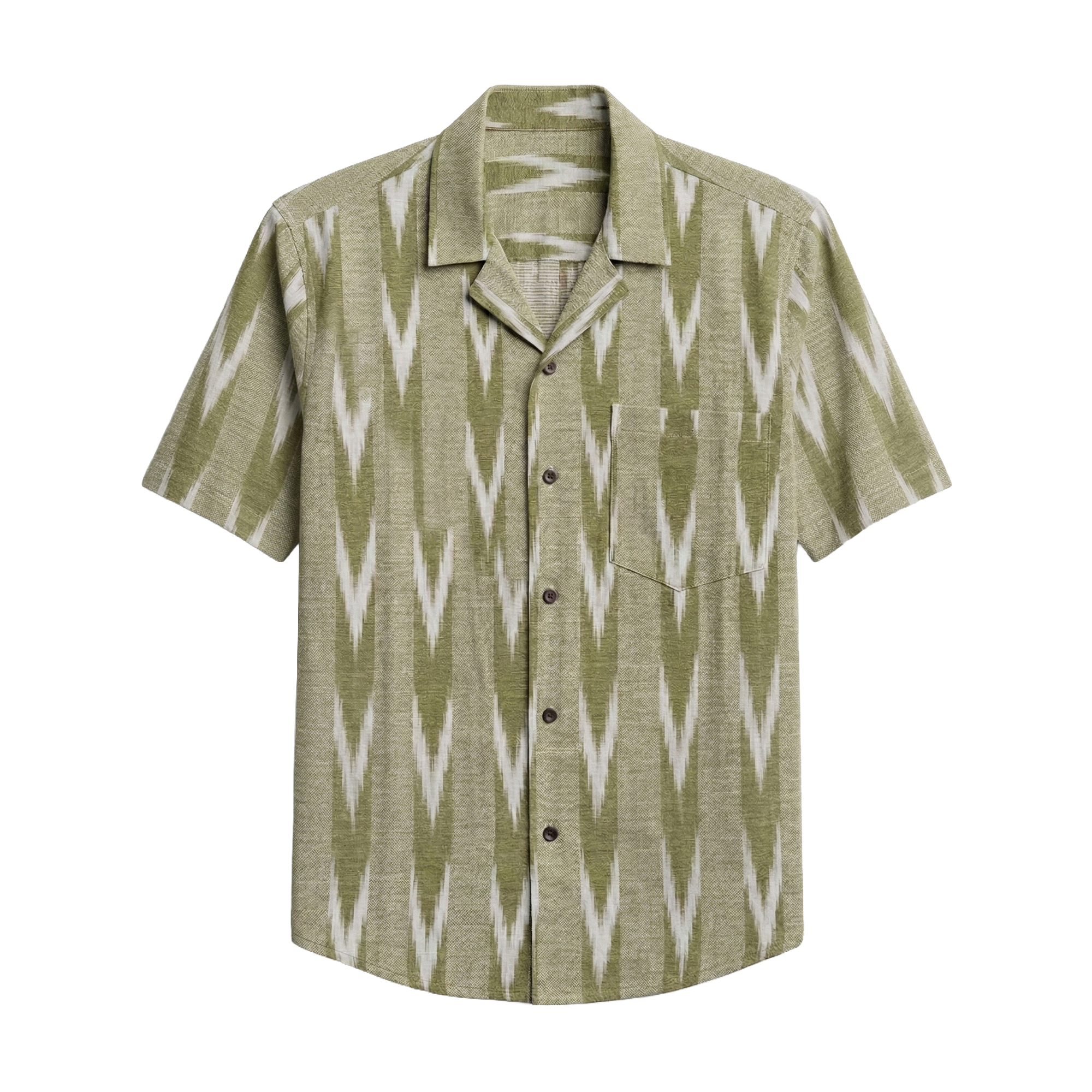 Kusha Ikat Half Sleeve Shirt - Handloom Olive Green Cuban Collar Front View | Rarree