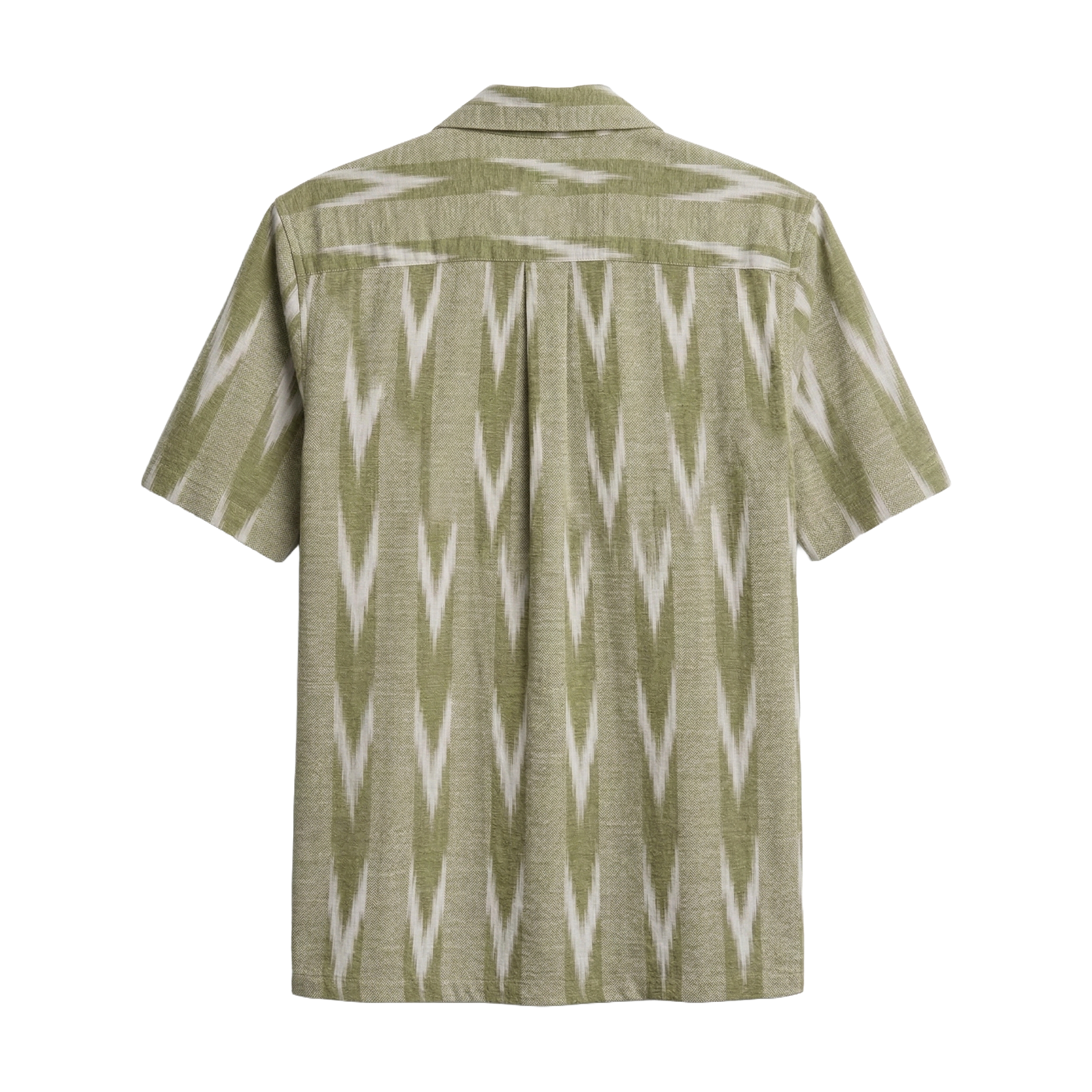Kusha Ikat Half Sleeve Shirt - Olive Green Ikat Pattern Side View | Rarree